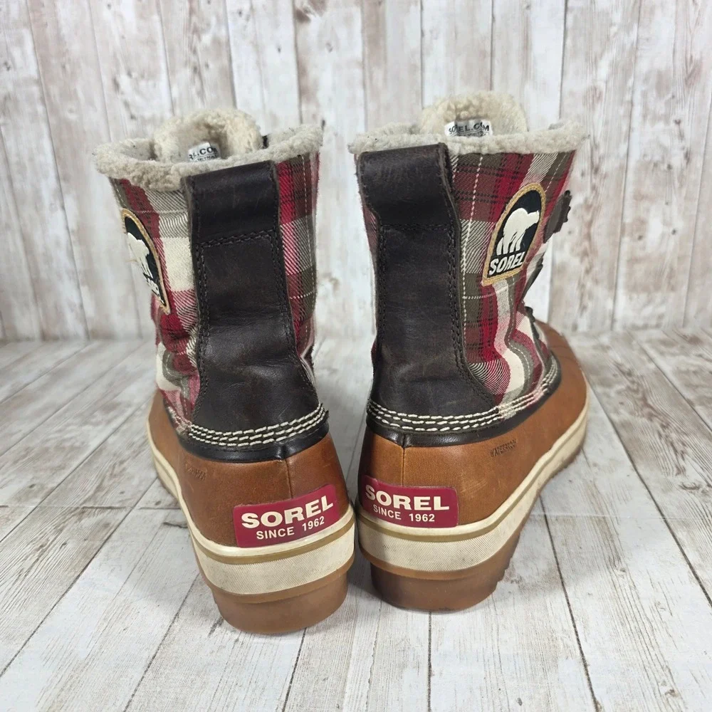 Sorel Waterproof Plaid Lined Snow Boots Women's Size 7.5‎ Tan Leather Winter